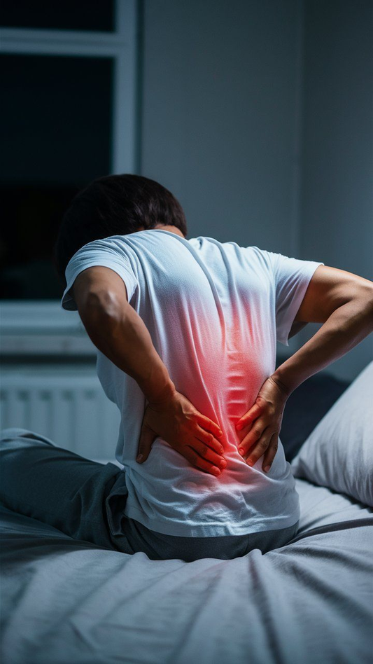 Person sitting on a bed with hands on the lower back.