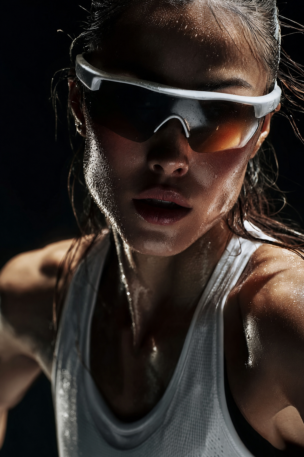 Sweating female athlete wearing sports sunglasses and a white athletic top against a dark background.