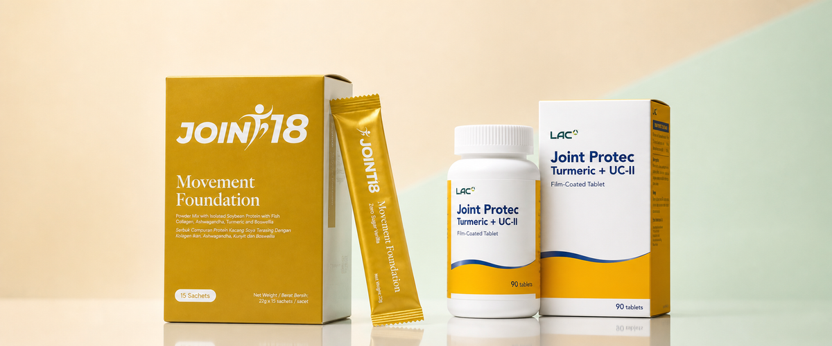 JOINT18 Movement Foundation and LAC Joint Protec Turmeric + UC-II shown side by side on a clean studio surface.