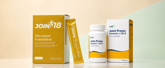 JOINT18 Movement Foundation and LAC Joint Protec Turmeric + UC-II shown side by side on a clean studio surface.