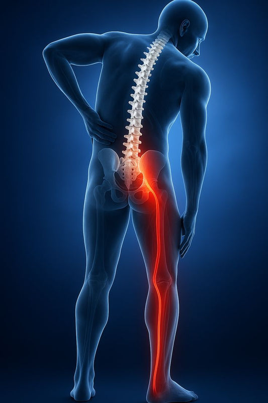 Medical illustration of a standing figure with the lower spine, pelvis, and one leg highlighted.