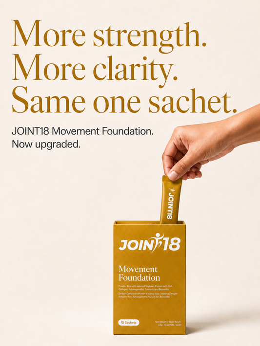 Hand lifts a JOINT18 sachet from a Movement Foundation box beneath the words More strength, more clarity, same one sachet.